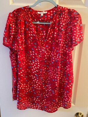 Fun2fun Red Floral V-Neck Short Sleeve Blouse